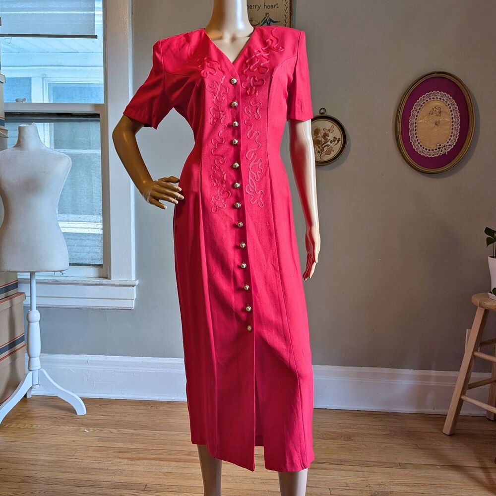 Vintage 90s Scarlett Red Midi Dress Pearl Button Front Shoulder Pads Size 3/4